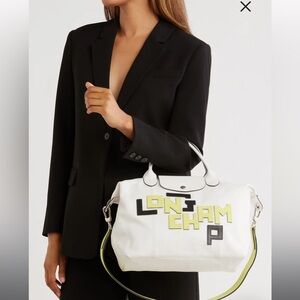 LONGCHAMP SMALL LE PLIAGE LOGO LEATHER TOTE preowned condition some